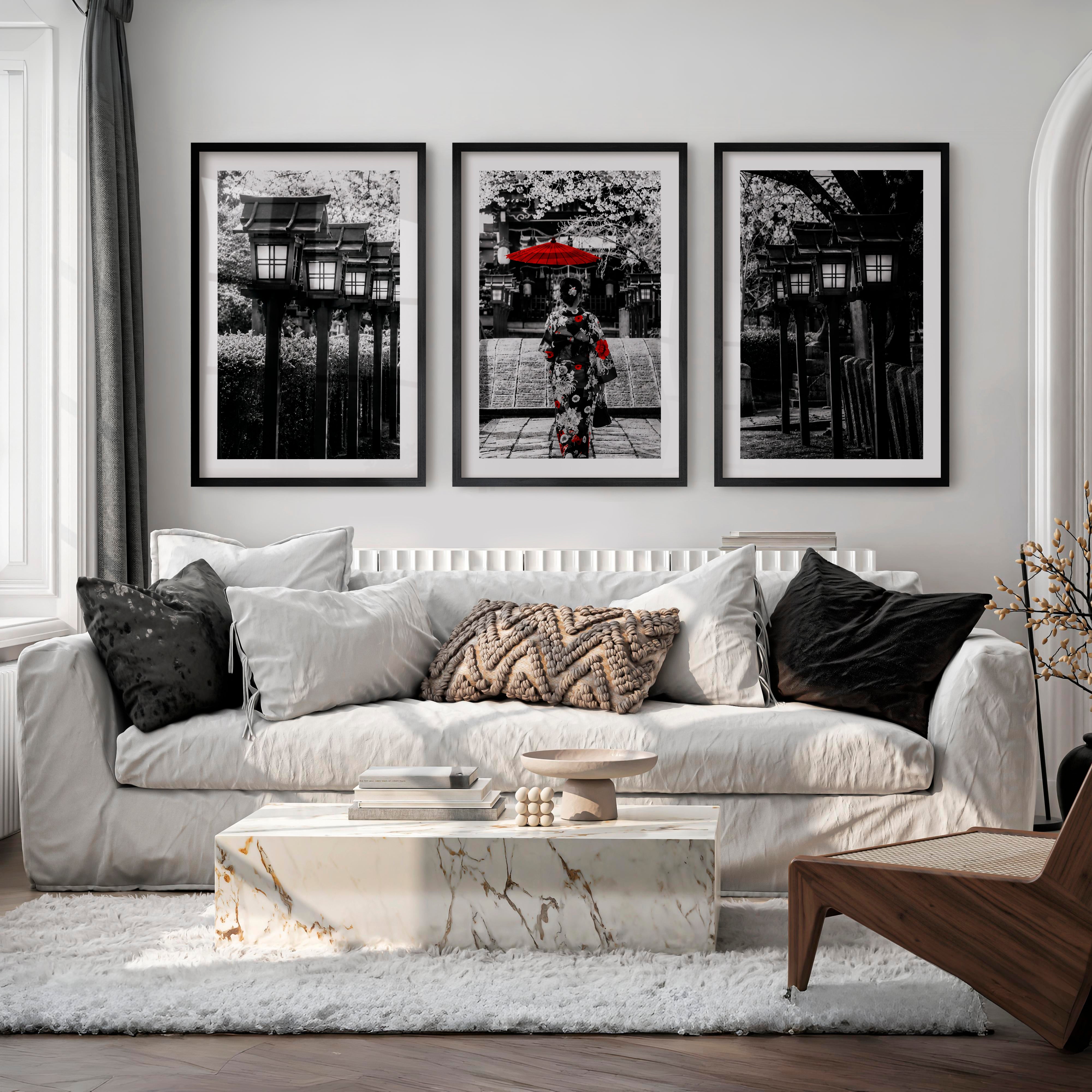 Elegant Japanese Wall Art Set of 3 Featuring Flying Cranes and Abstract Leaves - Black Framed Poster with White Border - Artworksets