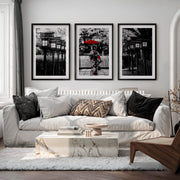 Elegant Japanese Wall Art Set of 3 Featuring Flying Cranes and Abstract Leaves - Black Framed Poster with White Border - Artworksets