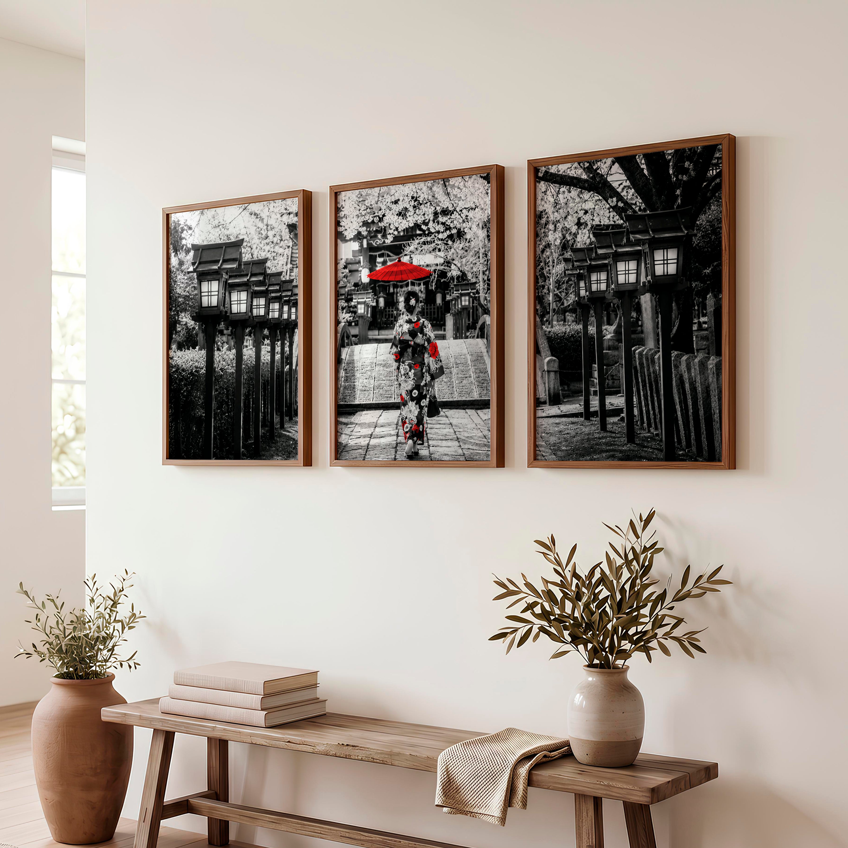 Elegant Japanese Wall Art Set of 3 Featuring Flying Cranes and Abstract Leaves - Dark Brown Framed Poster No Border - Artworksets