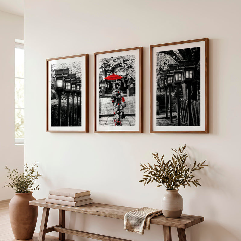 Elegant Japanese Wall Art Set of 3 Featuring Flying Cranes and Abstract Leaves - Dark Brown Framed Poster with White Border - Artworksets