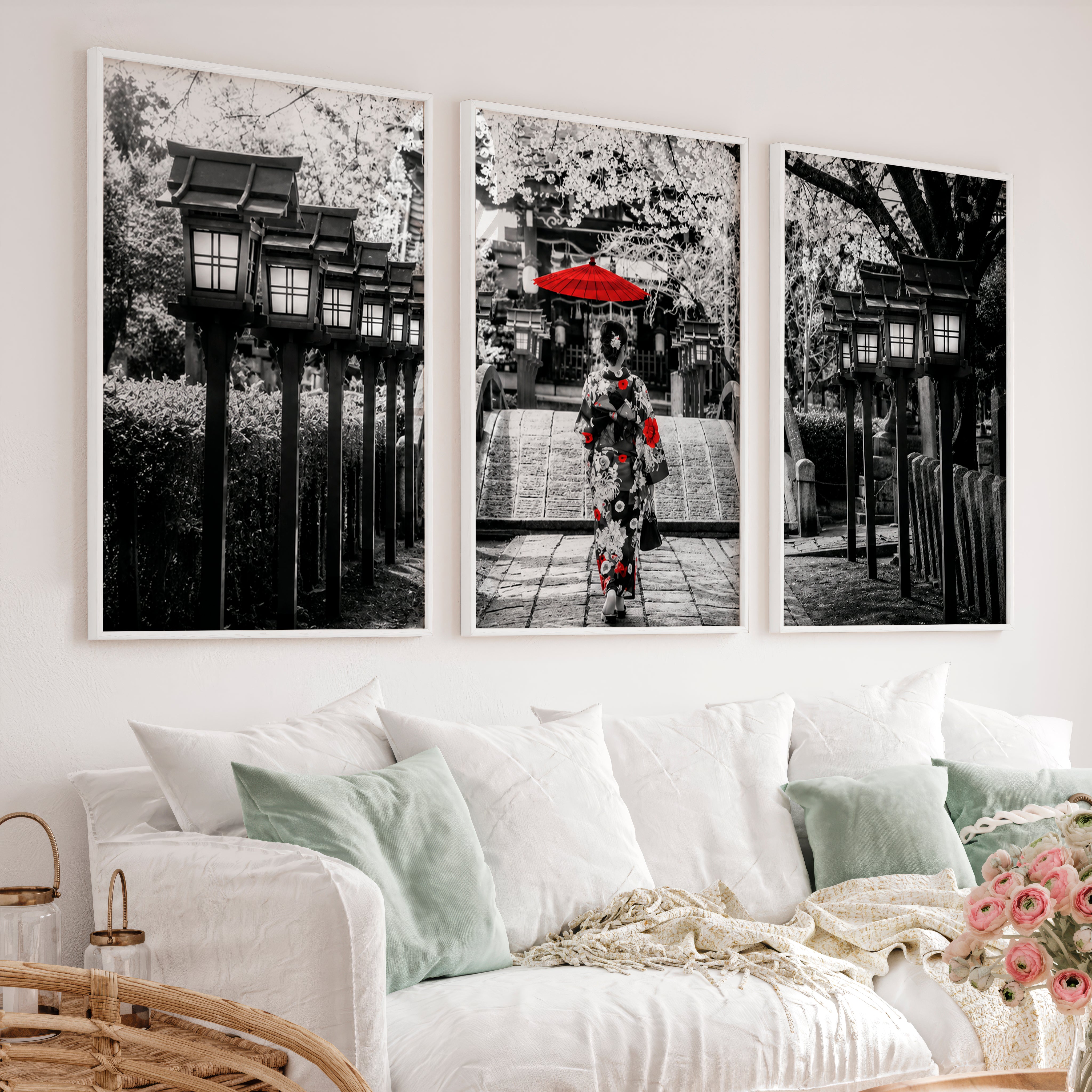 Elegant Japanese Wall Art Set of 3 Featuring Flying Cranes and Abstract Leaves - White Framed Poster No Border - Artworksets