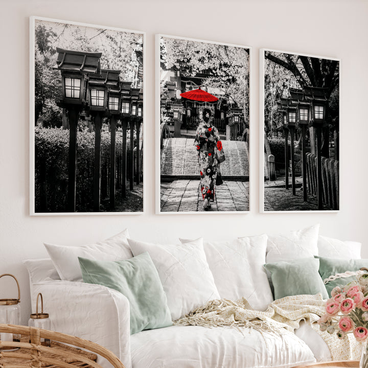 Elegant Japanese Wall Art Set of 3 Featuring Flying Cranes and Abstract Leaves - White Framed Poster No Border - Artworksets