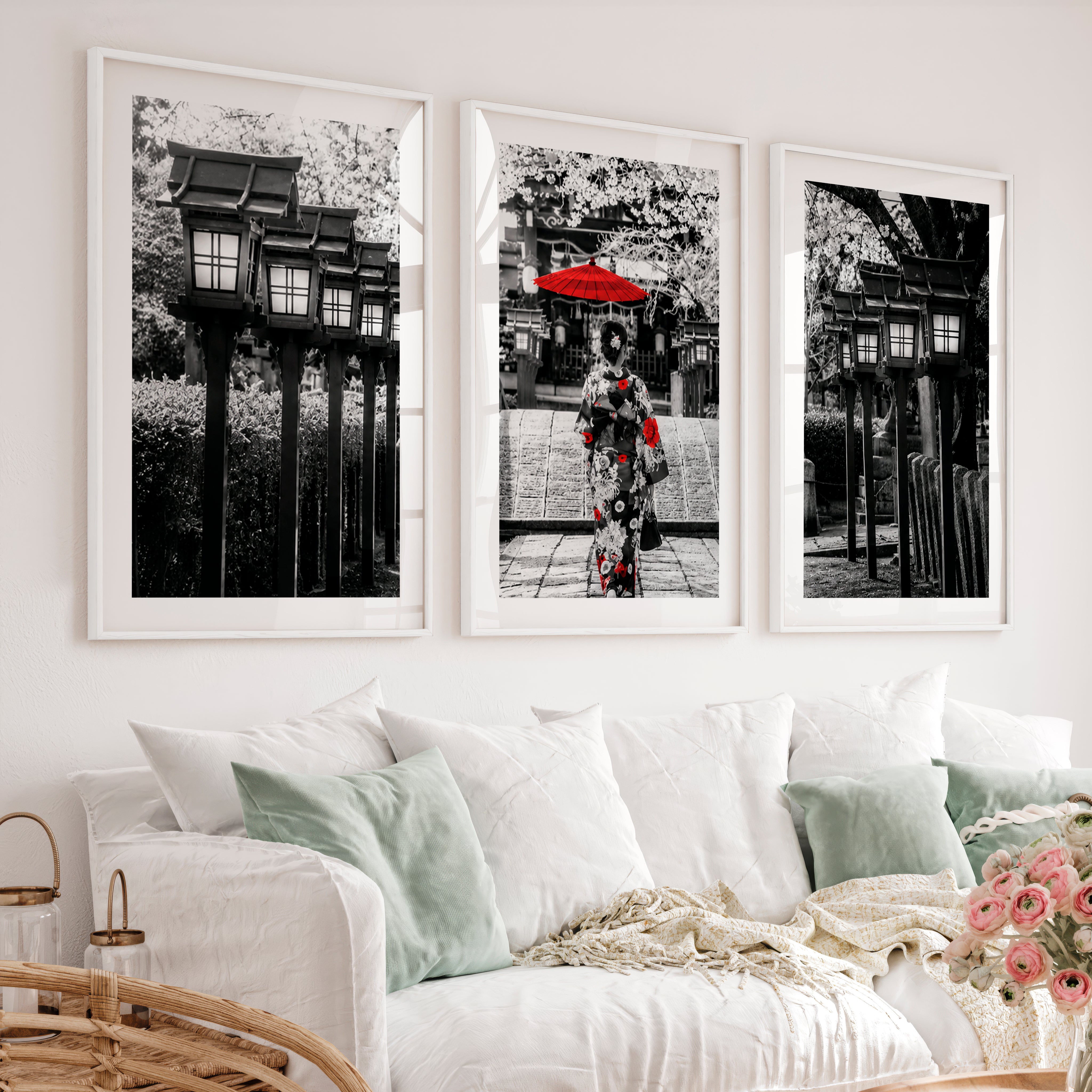 Elegant Japanese Wall Art Set of 3 Featuring Flying Cranes and Abstract Leaves - White Framed Poster with White Border - Artworksets