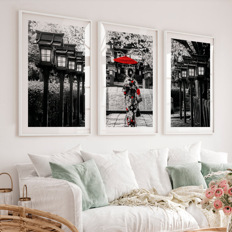 Elegant Japanese Wall Art Set of 3 Featuring Flying Cranes and Abstract Leaves - White Framed Poster with White Border - Artworksets