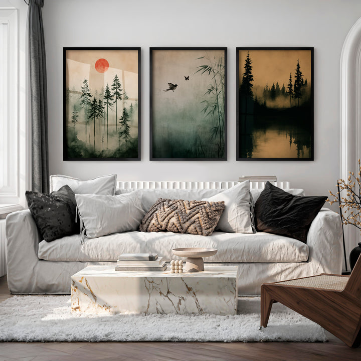 Japanese Wall Art Set of 3 Featuring Mountain Landscapes and Birds - Black Framed Poster No Border - Artworksets