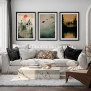 Japanese Wall Art Set of 3 Featuring Mountain Landscapes and Birds - Black Framed Poster with White Border - Artworksets