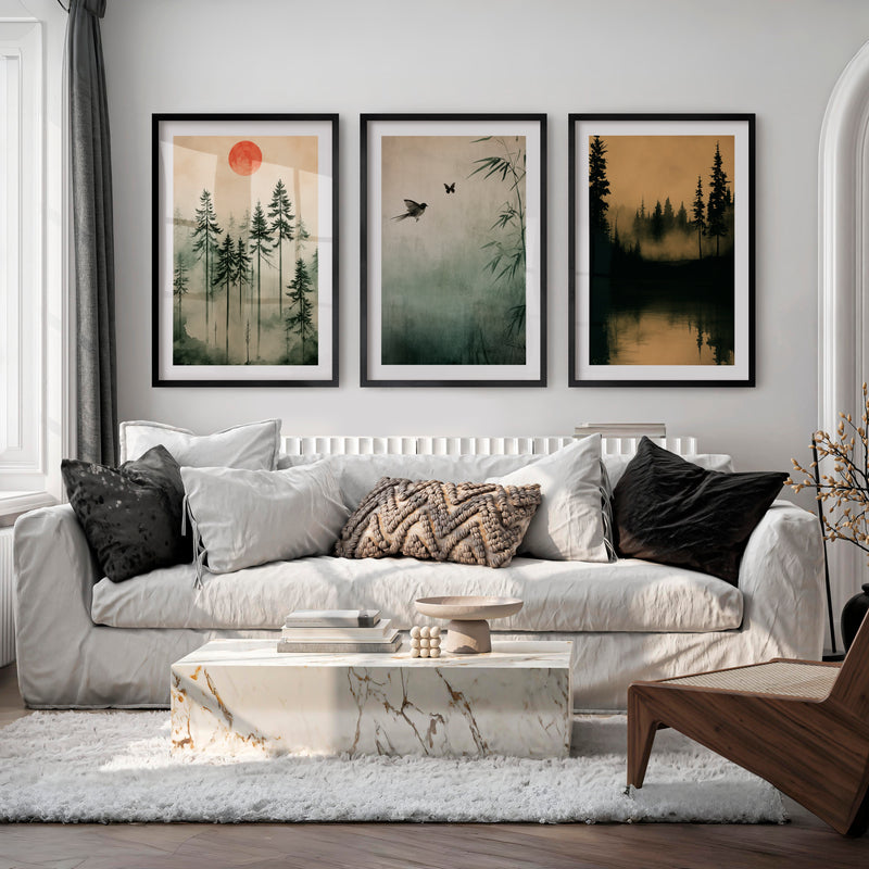 Japanese Wall Art Set of 3 Featuring Mountain Landscapes and Birds - Black Framed Poster with White Border - Artworksets