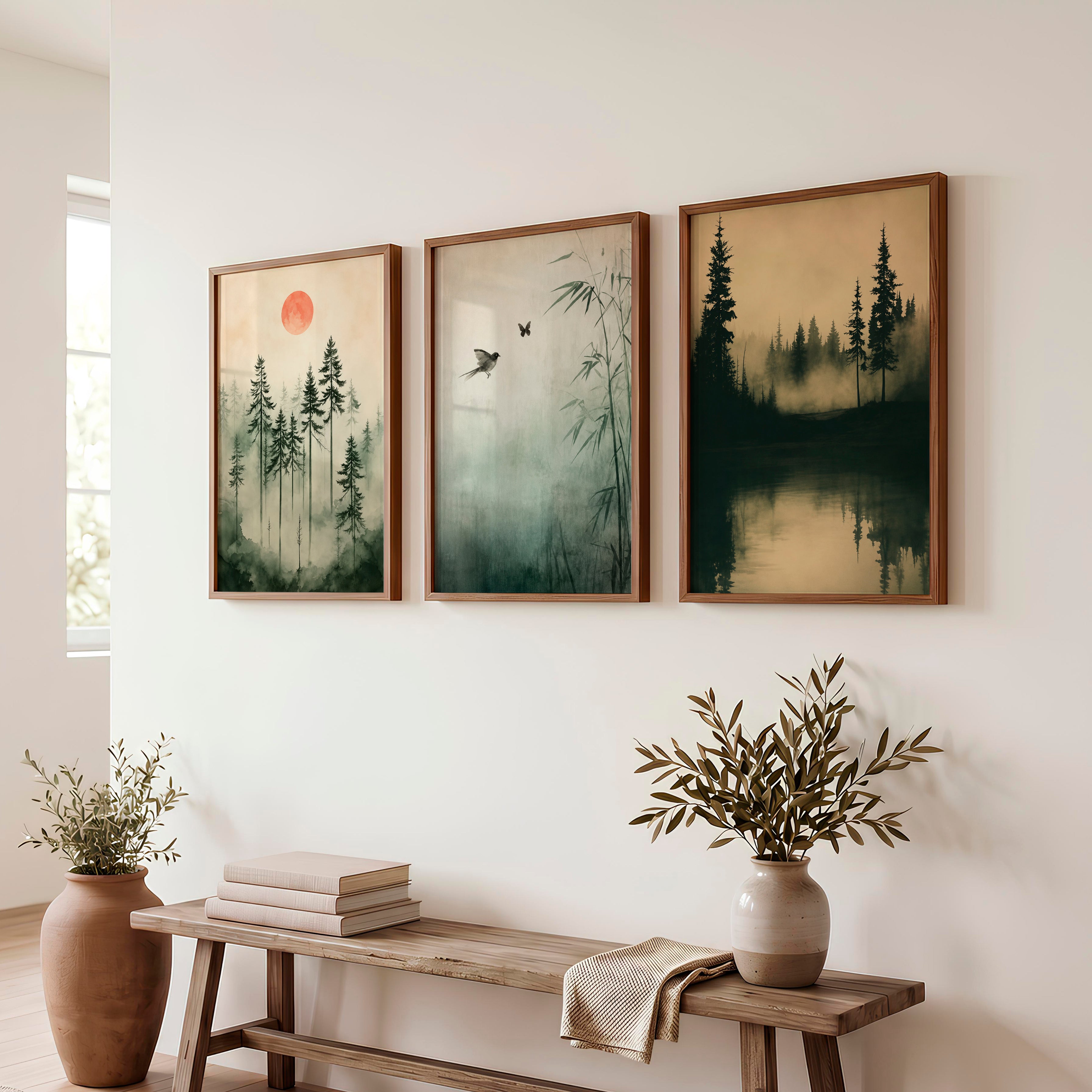 Japanese Wall Art Set of 3 Featuring Mountain Landscapes and Birds - Dark Brown Framed Poster No Border - Artworksets