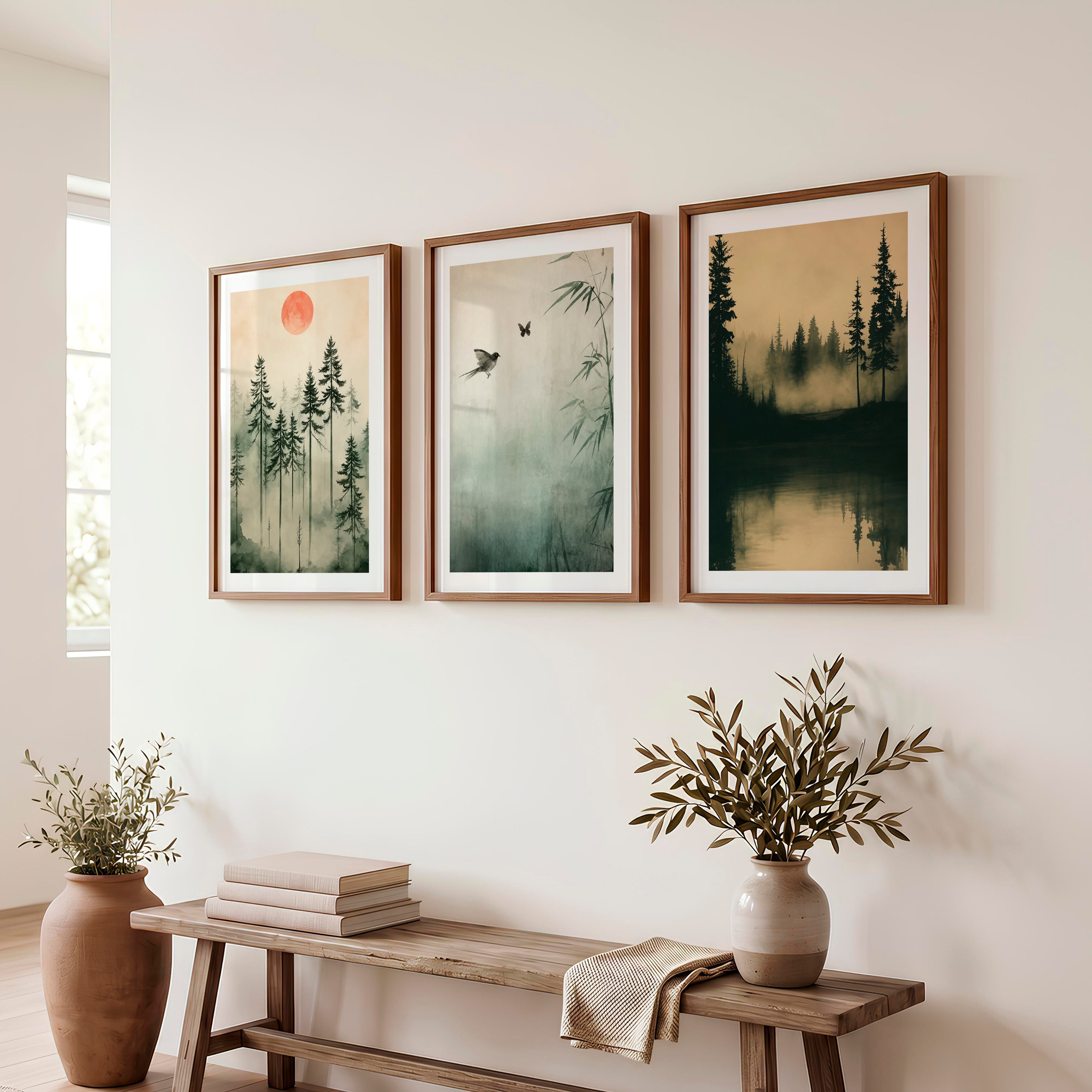 Japanese Wall Art Set of 3 Featuring Mountain Landscapes and Birds - Dark Brown Framed Poster with White Border - Artworksets
