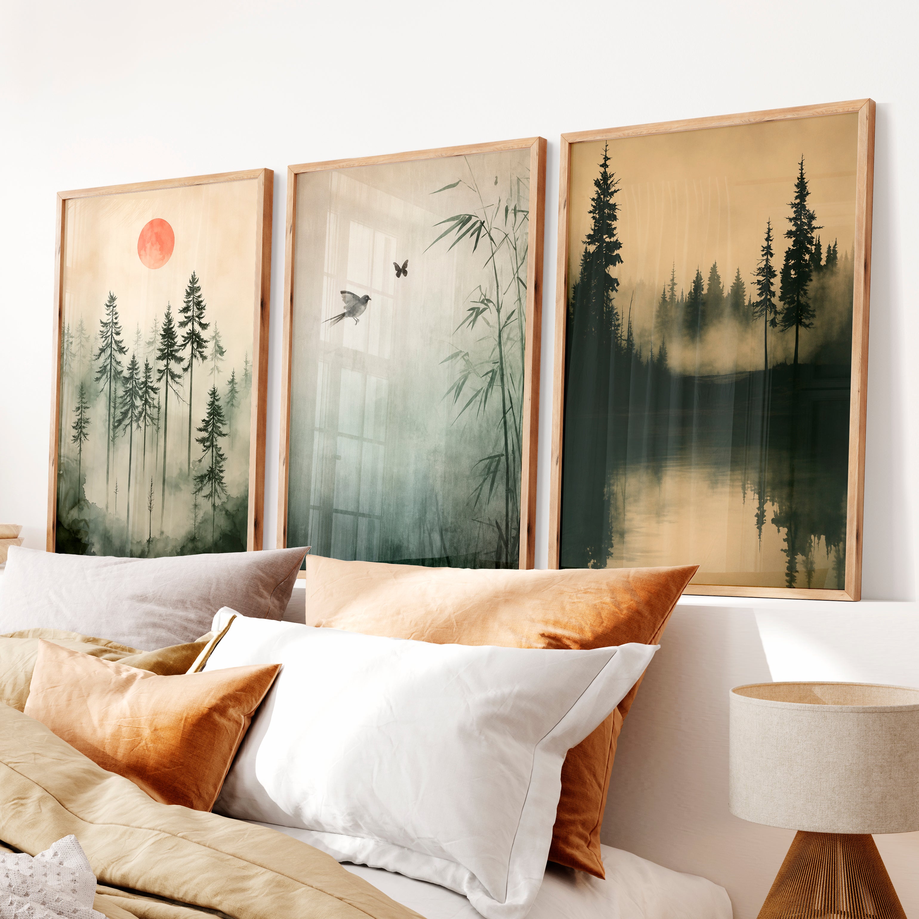 Japanese Wall Art Set of 3 Featuring Mountain Landscapes and Birds - Natural Wood Framed Poster No Border - Artworksets