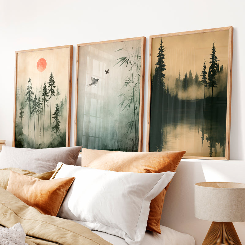 Japanese Wall Art Set of 3 Featuring Mountain Landscapes and Birds - Natural Wood Framed Poster No Border - Artworksets