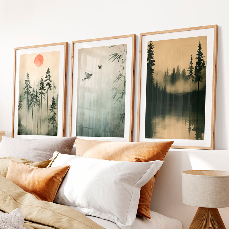 Japanese Wall Art Set of 3 Featuring Mountain Landscapes and Birds- Natural Wood Framed Poster with White Border - Artworksets