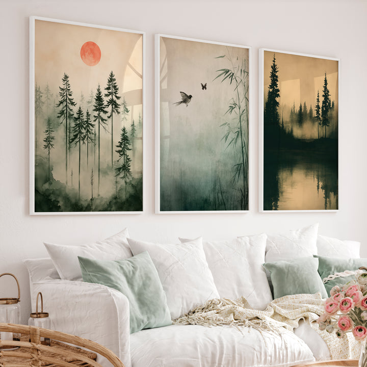 Japanese Wall Art Set of 3 Featuring Mountain Landscapes and Birds - White Framed Poster No Border - Artworksets