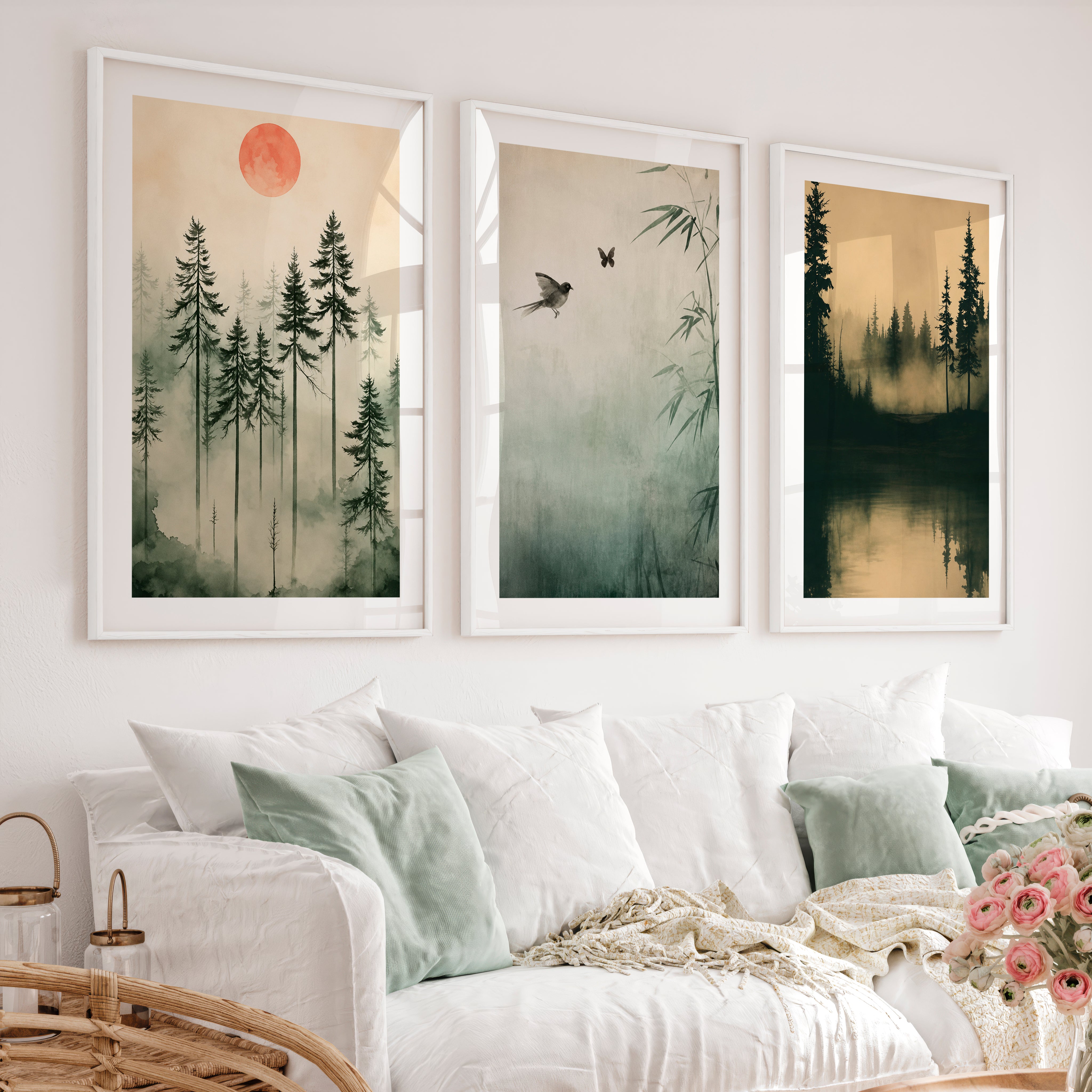 Japanese Wall Art Set of 3 Featuring Mountain Landscapes and Birds - White Framed Poster with White Border - Artworksets