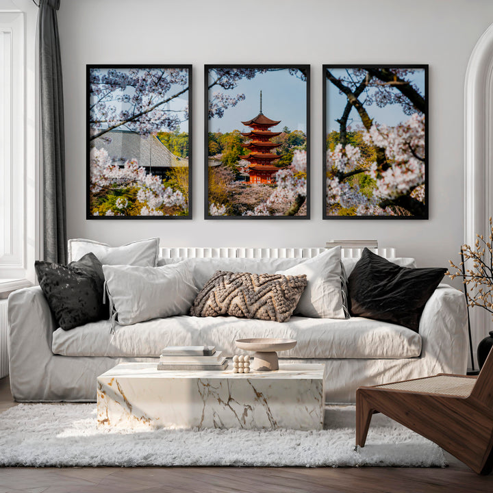 Japanese Wall Art Set of 3 Featuring Pagoda and Stone Bridge Scenes - Black Framed Poster No Border - Artworksets