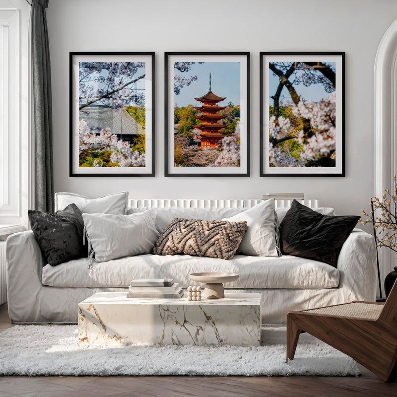 Japanese Wall Art Set of 3 Featuring Pagoda and Stone Bridge Scenes - Black Framed Poster with White Border - Artworksets