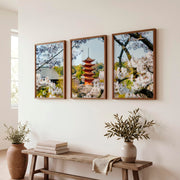 Japanese Wall Art Set of 3 Featuring Pagoda and Stone Bridge Scenes - Dark Brown Framed Poster No Border - Artworksets