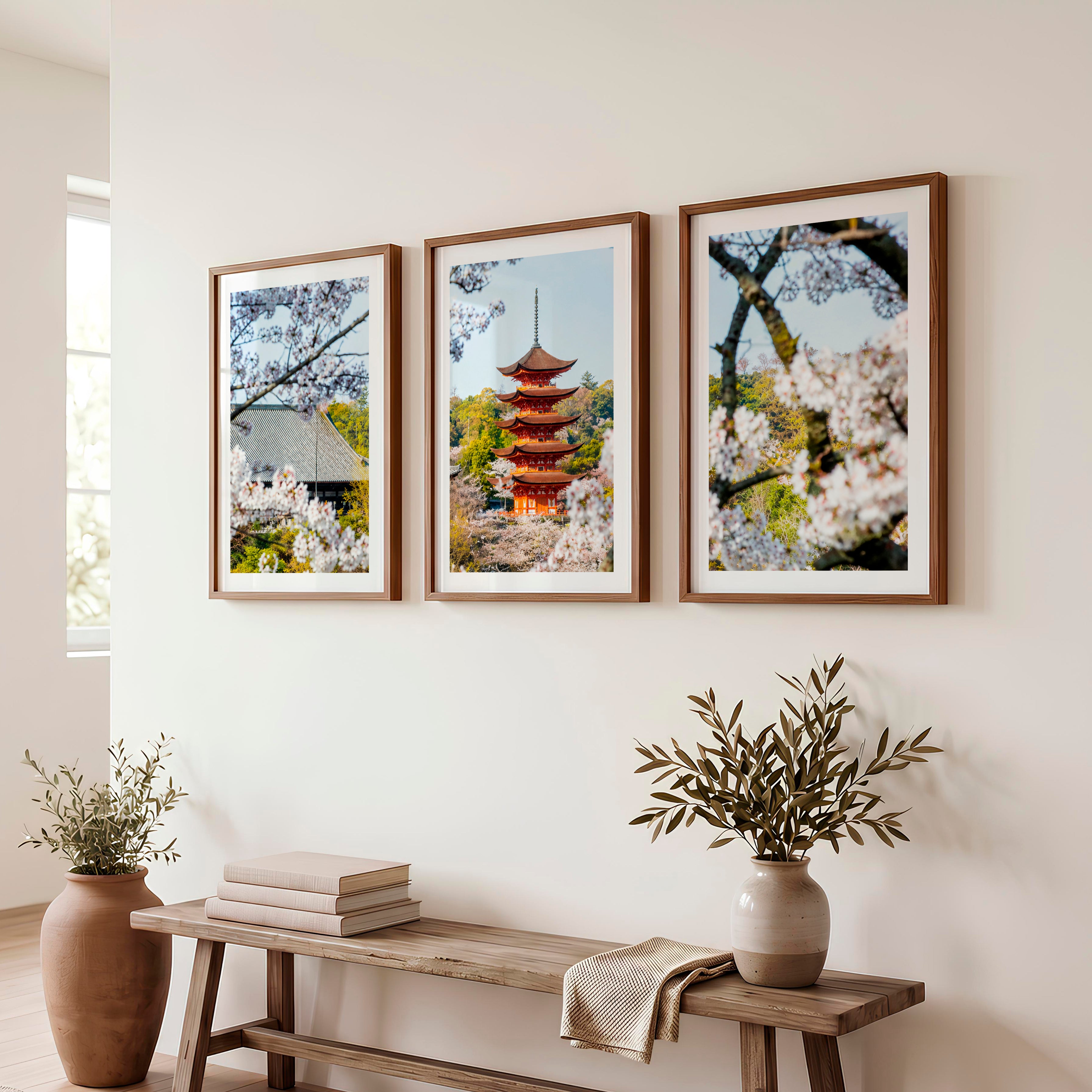 Japanese Wall Art Set of 3 Featuring Pagoda and Stone Bridge Scenes - Dark Brown Framed Poster with White Border - Artworksets