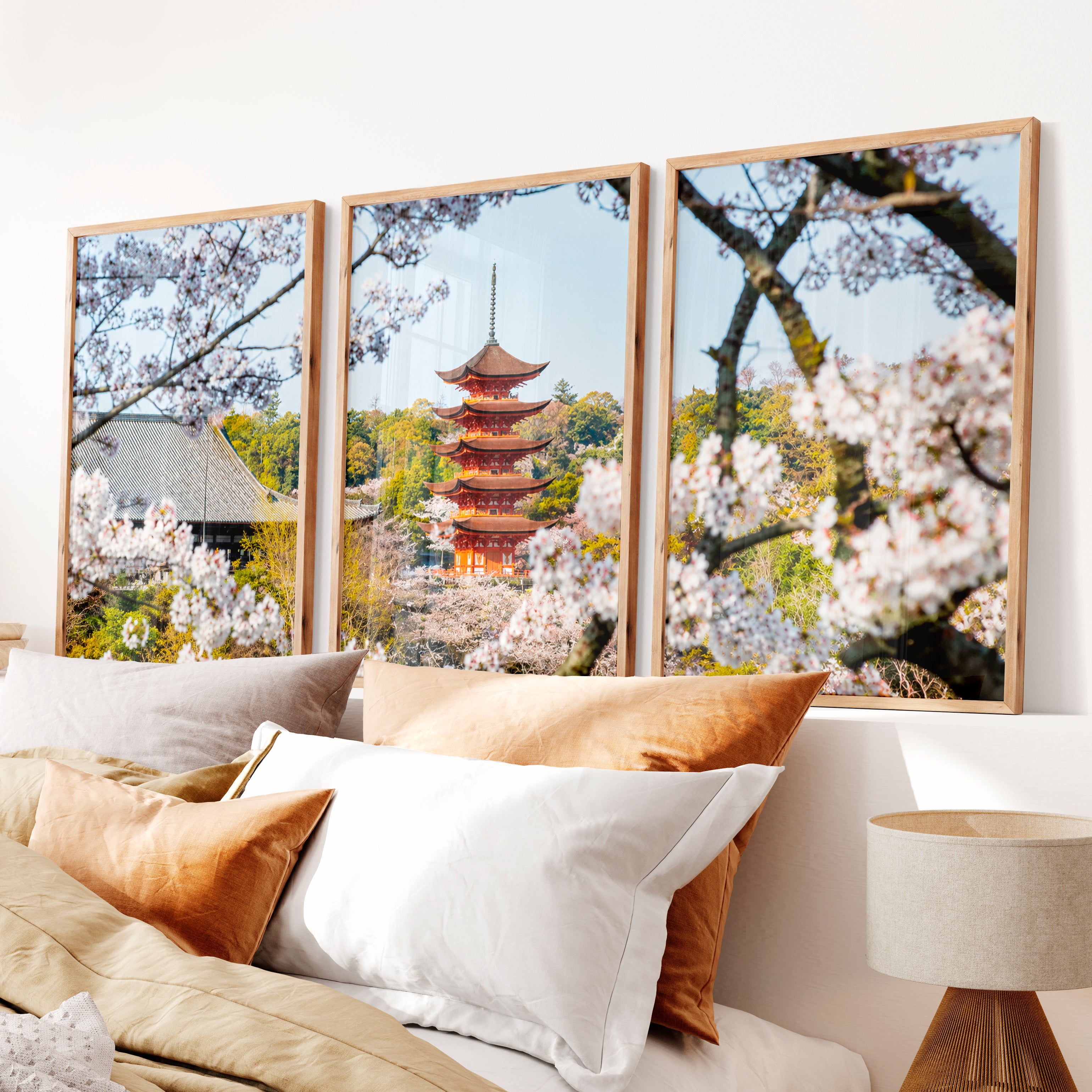 Japanese Wall Art Set of 3 Featuring Pagoda and Stone Bridge Scenes - Natural Wood Framed Poster No Border - Artworksets