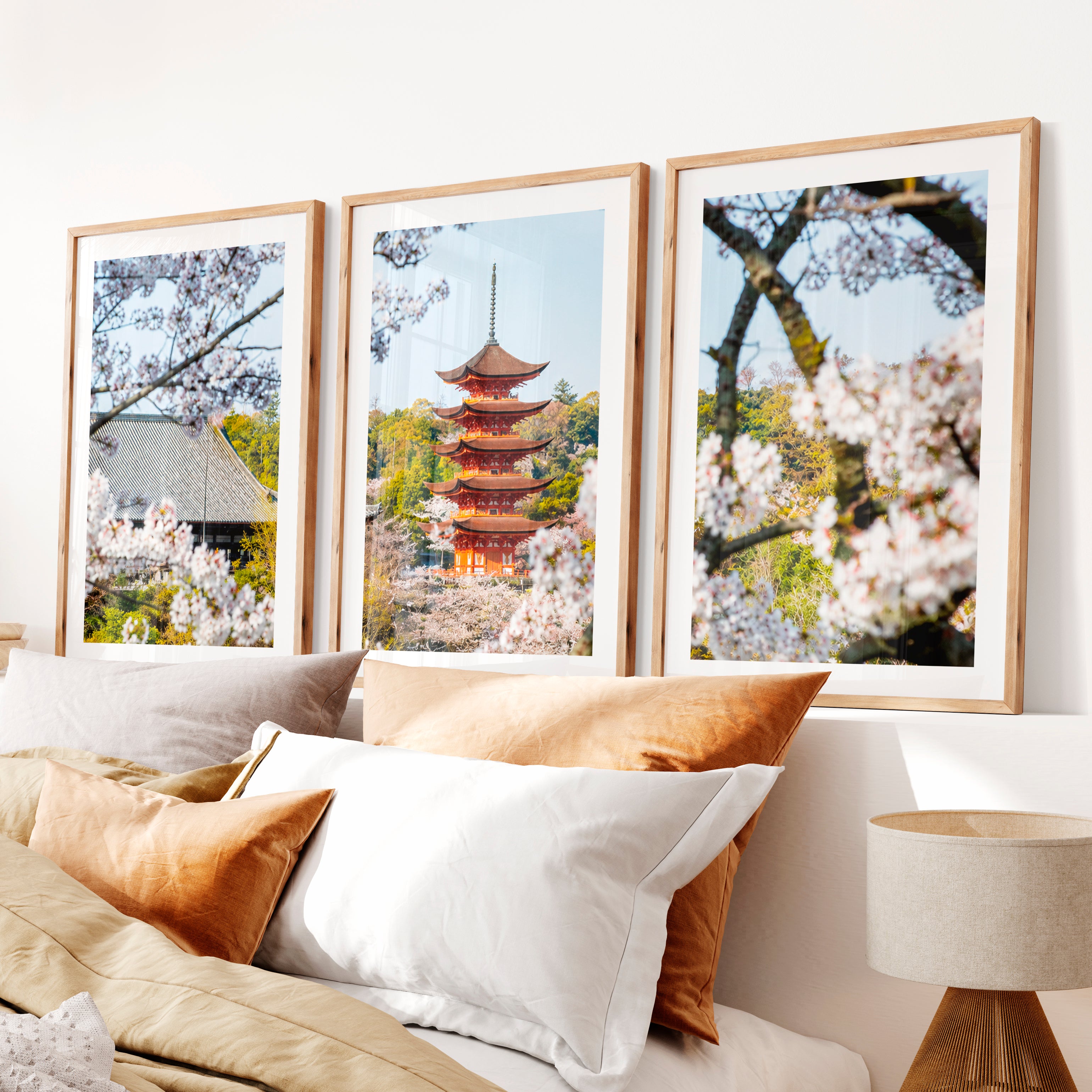 Japanese Wall Art Set of 3 Featuring Pagoda and Stone Bridge Scenes- Natural Wood Framed Poster with White Border - Artworksets