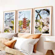 Japanese Wall Art Set of 3 Featuring Pagoda and Stone Bridge Scenes- Natural Wood Framed Poster with White Border - Artworksets