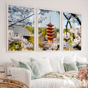 Japanese Wall Art Set of 3 Featuring Pagoda and Stone Bridge Scenes - White Framed Poster No Border - Artworksets