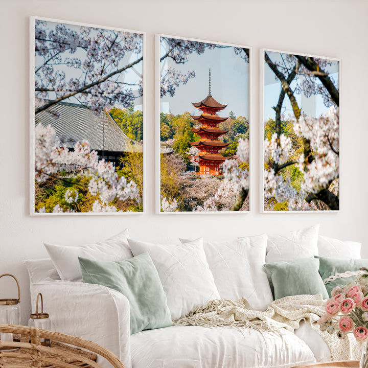 Japanese Wall Art Set of 3 Featuring Pagoda and Stone Bridge Scenes - White Framed Poster No Border - Artworksets