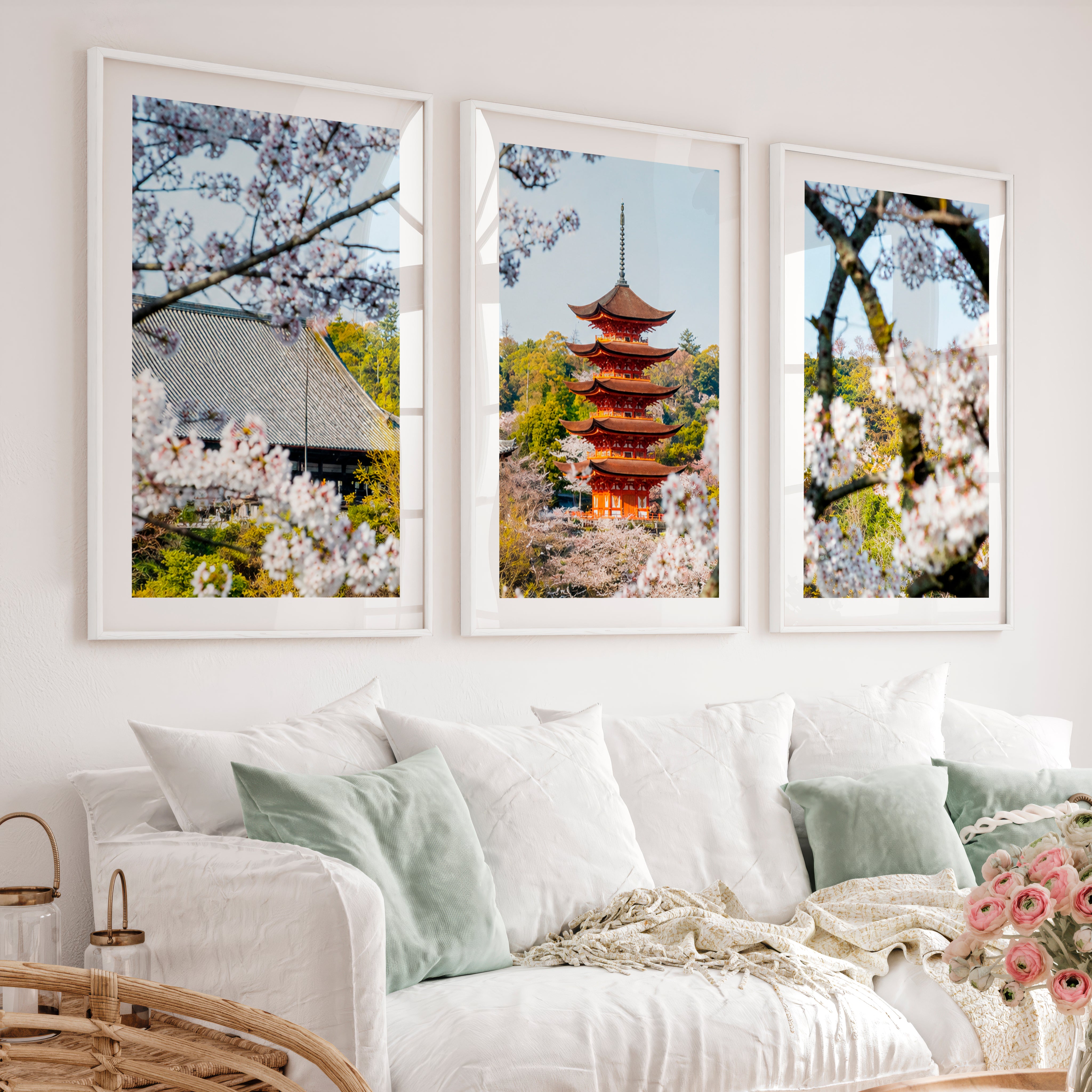 Japanese Wall Art Set of 3 Featuring Pagoda and Stone Bridge Scenes - White Framed Poster with White Border - Artworksets