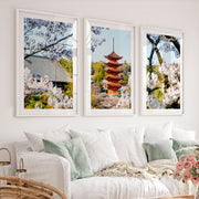 Japanese Wall Art Set of 3 Featuring Pagoda and Stone Bridge Scenes - White Framed Poster with White Border - Artworksets