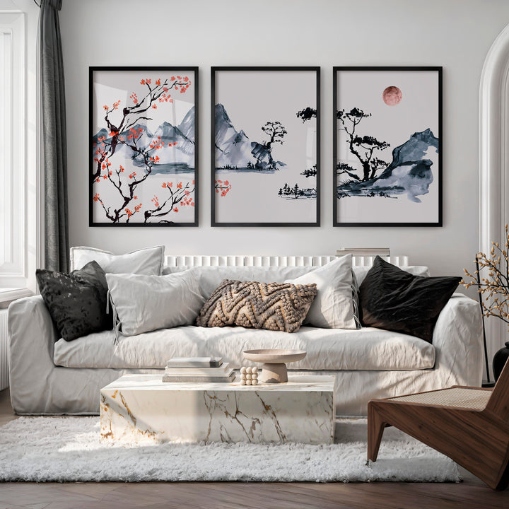 Japanese Wall Art Set of 3 Featuring Pine Branches and Bird - Black Framed Poster No Border - Artworksets