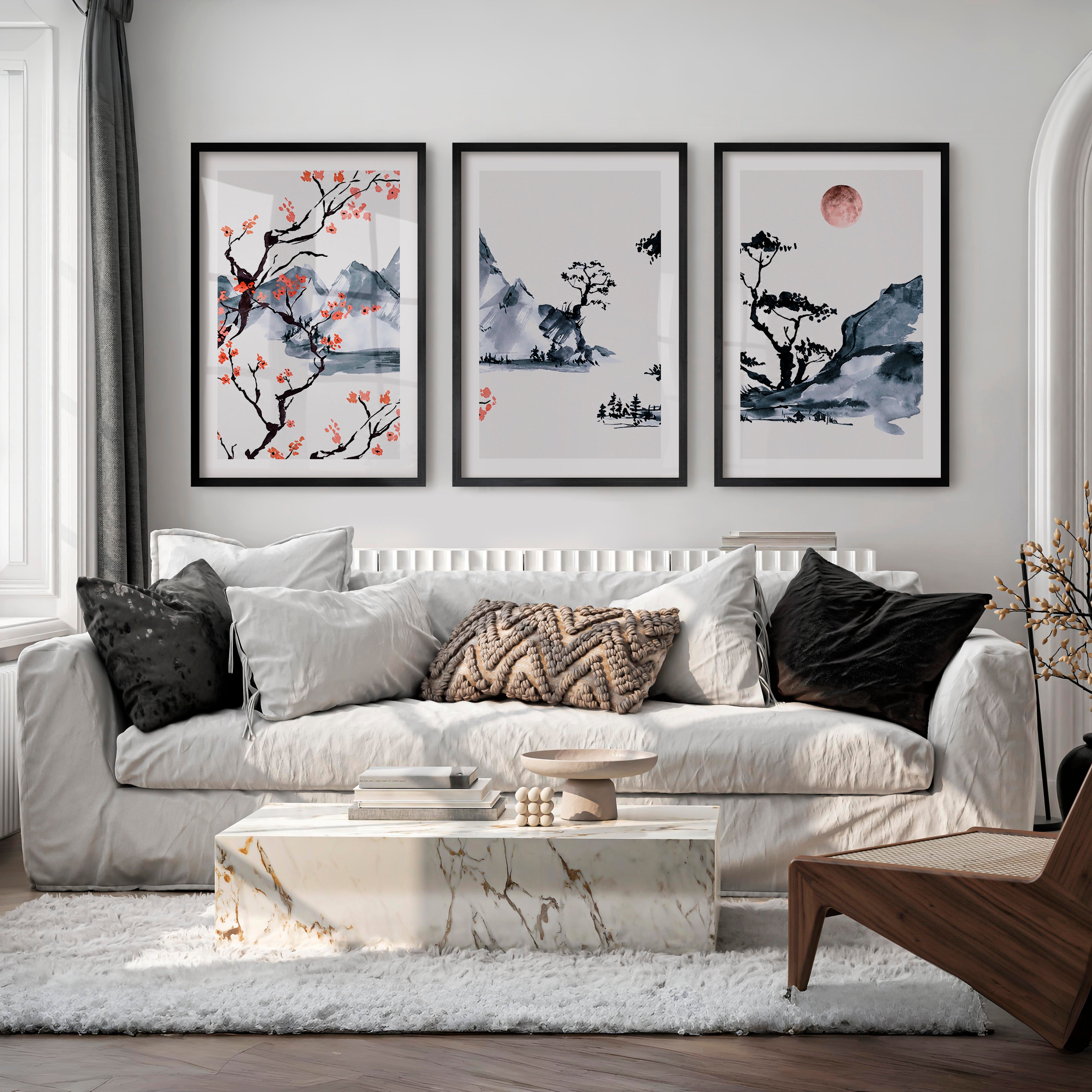 Japanese Wall Art Set of 3 Featuring Pine Branches and Bird - Black Framed Poster with White Border - Artworksets