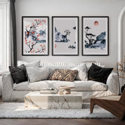 Japanese Wall Art Set of 3 Featuring Pine Branches and Bird - Black Framed Poster with White Border - Artworksets