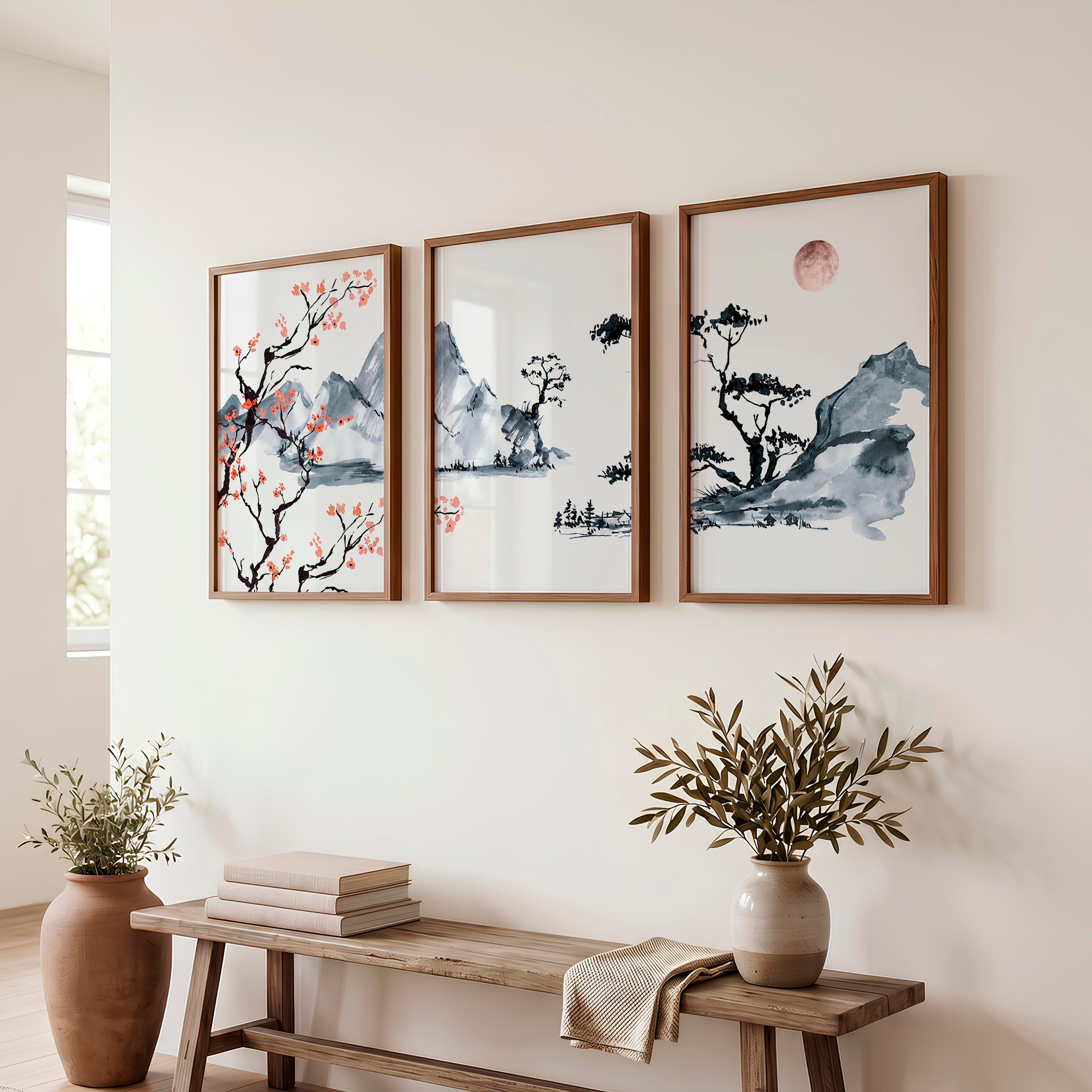 Japanese Wall Art Set of 3 Featuring Pine Branches and Bird - Dark Brown Framed Poster No Border - Artworksets