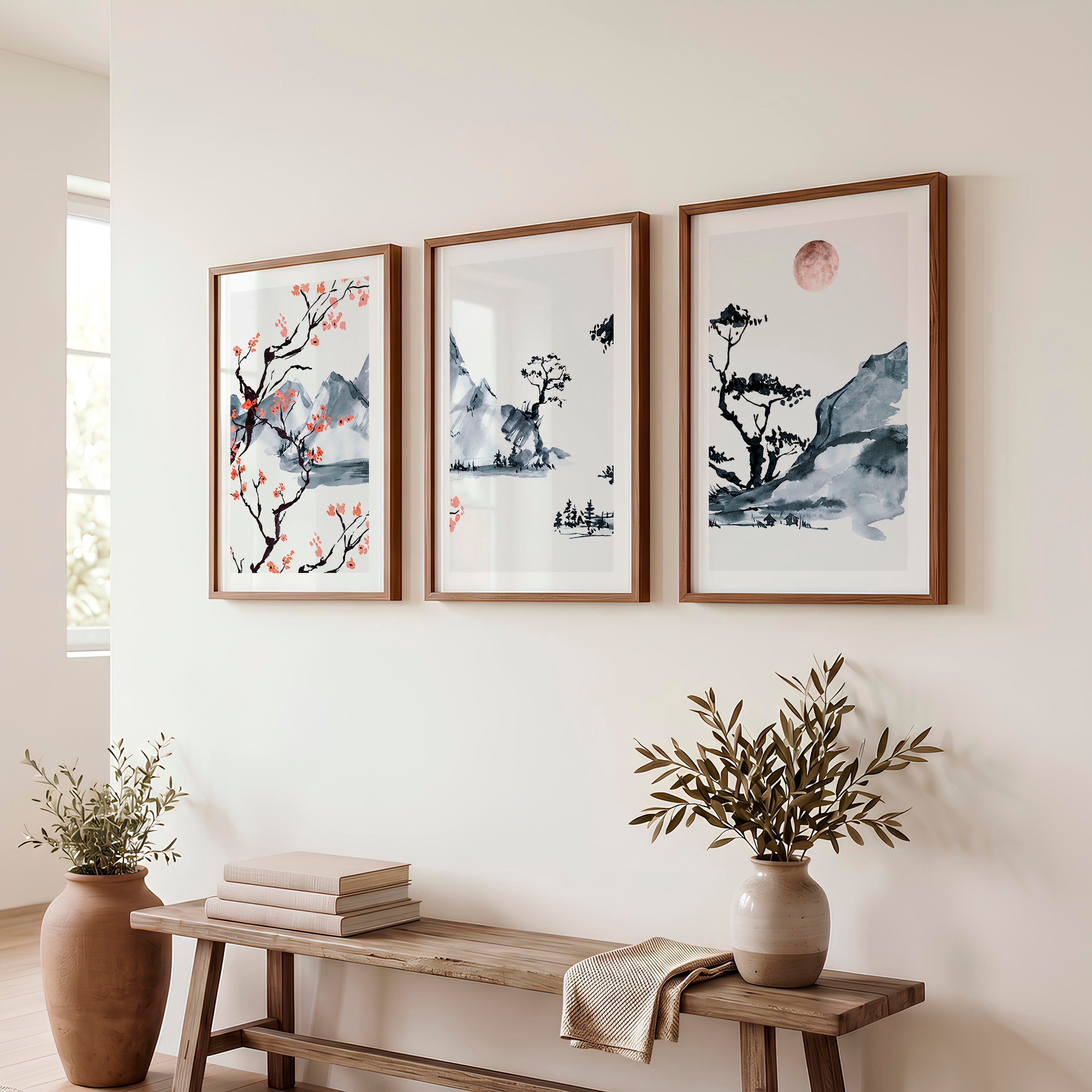Japanese Wall Art Set of 3 Featuring Pine Branches and Bird - Dark Brown Framed Poster with White Border - Artworksets