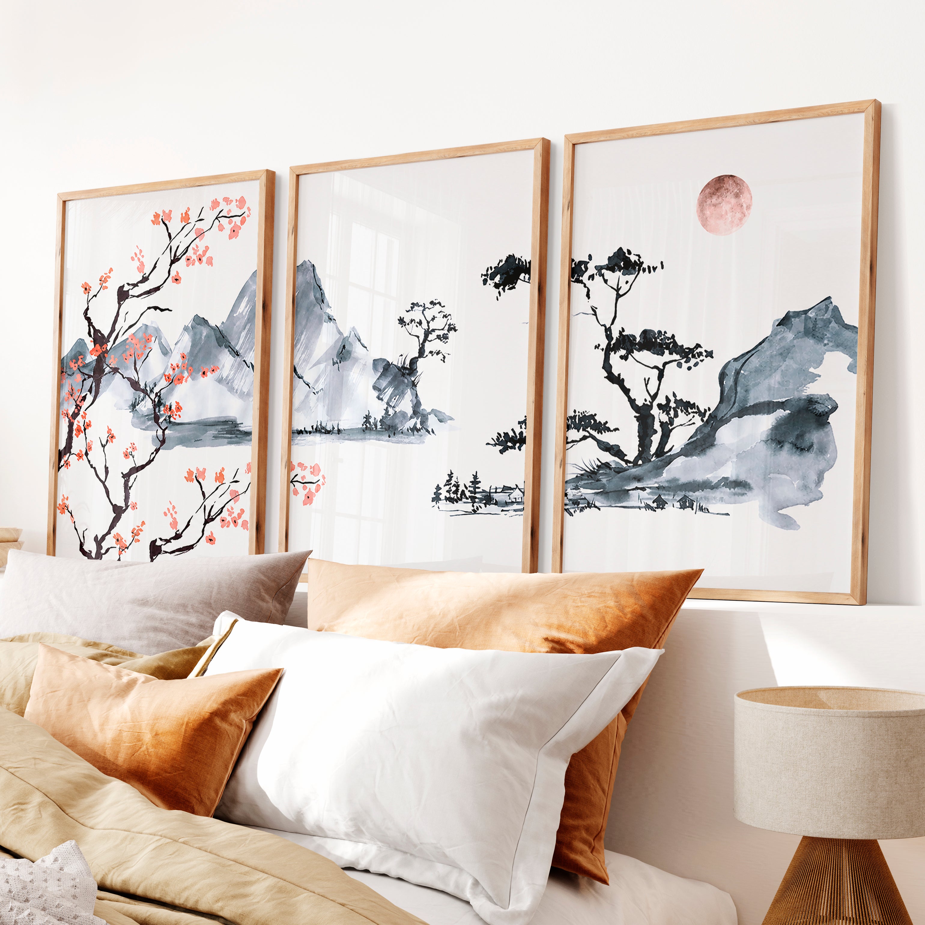 Japanese Wall Art Set of 3 Featuring Pine Branches and Bird - Natural Wood Framed Poster No Border - Artworksets