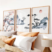 Japanese Wall Art Set of 3 Featuring Pine Branches and Bird - Natural Wood Framed Poster No Border - Artworksets