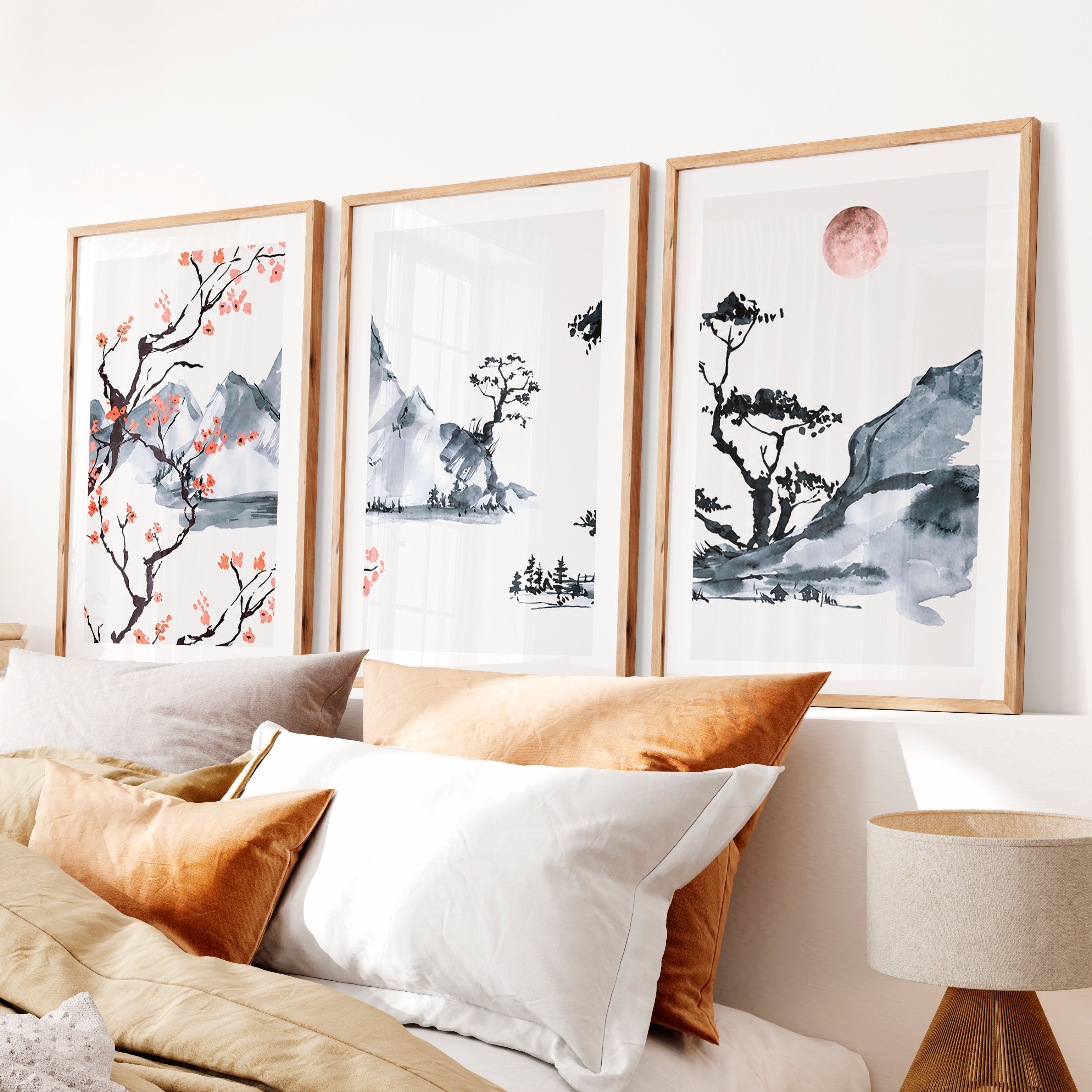 Japanese Wall Art Set of 3 Featuring Pine Branches and Bird- Natural Wood Framed Poster with White Border - Artworksets