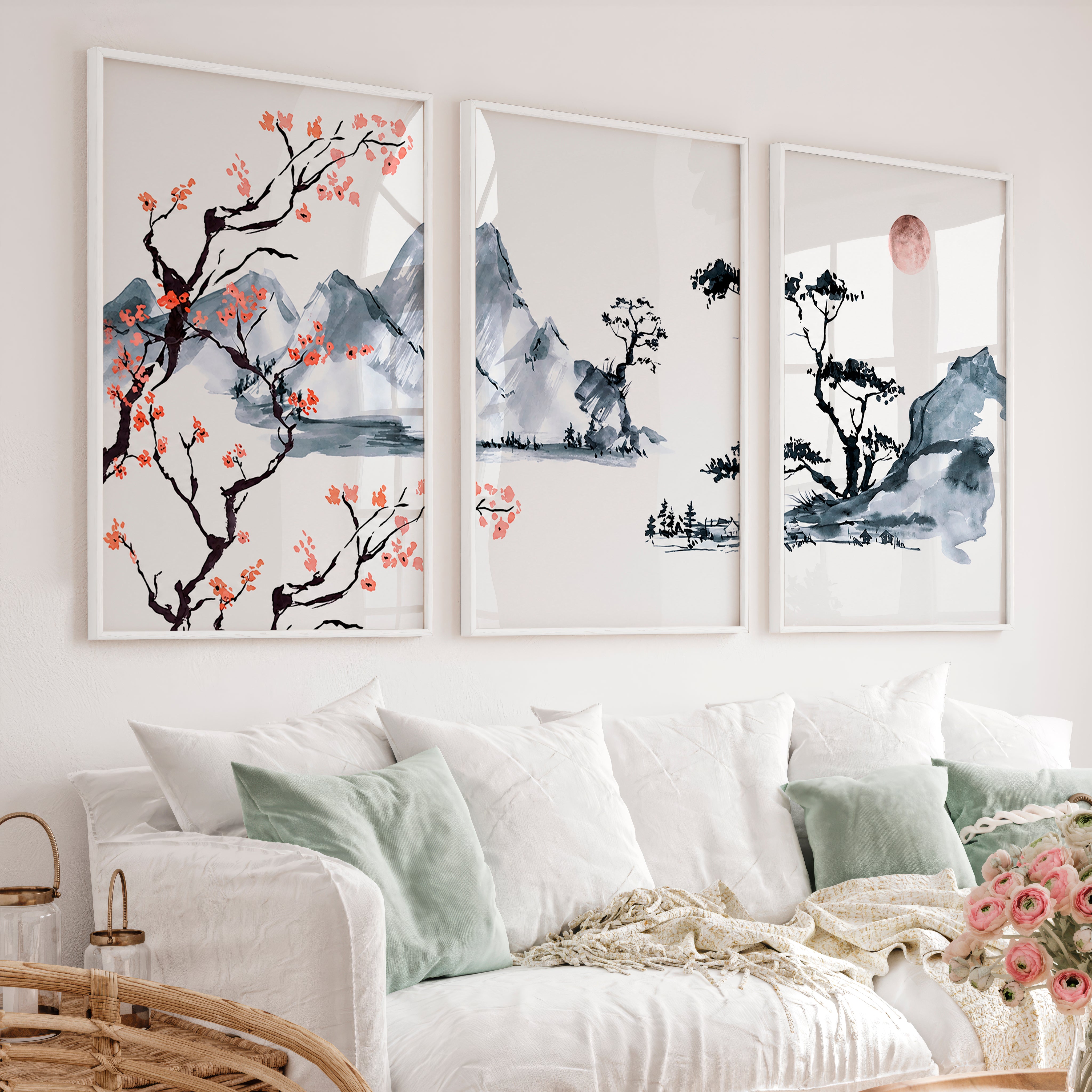 Japanese Wall Art Set of 3 Featuring Pine Branches and Bird - White Framed Poster No Border - Artworksets