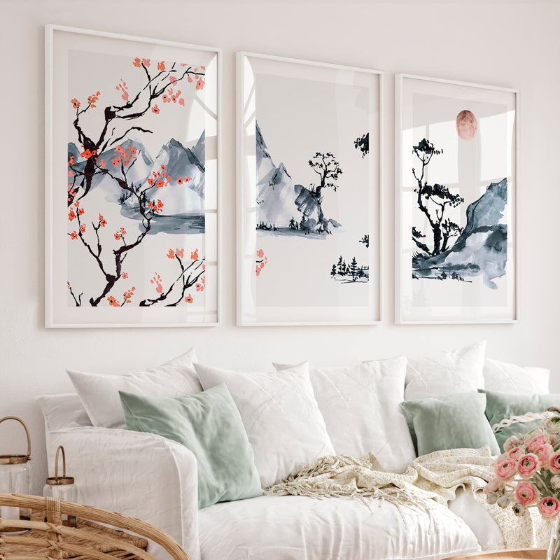 Japanese Wall Art Set of 3 Featuring Pine Branches and Bird - White Framed Poster with White Border - Artworksets