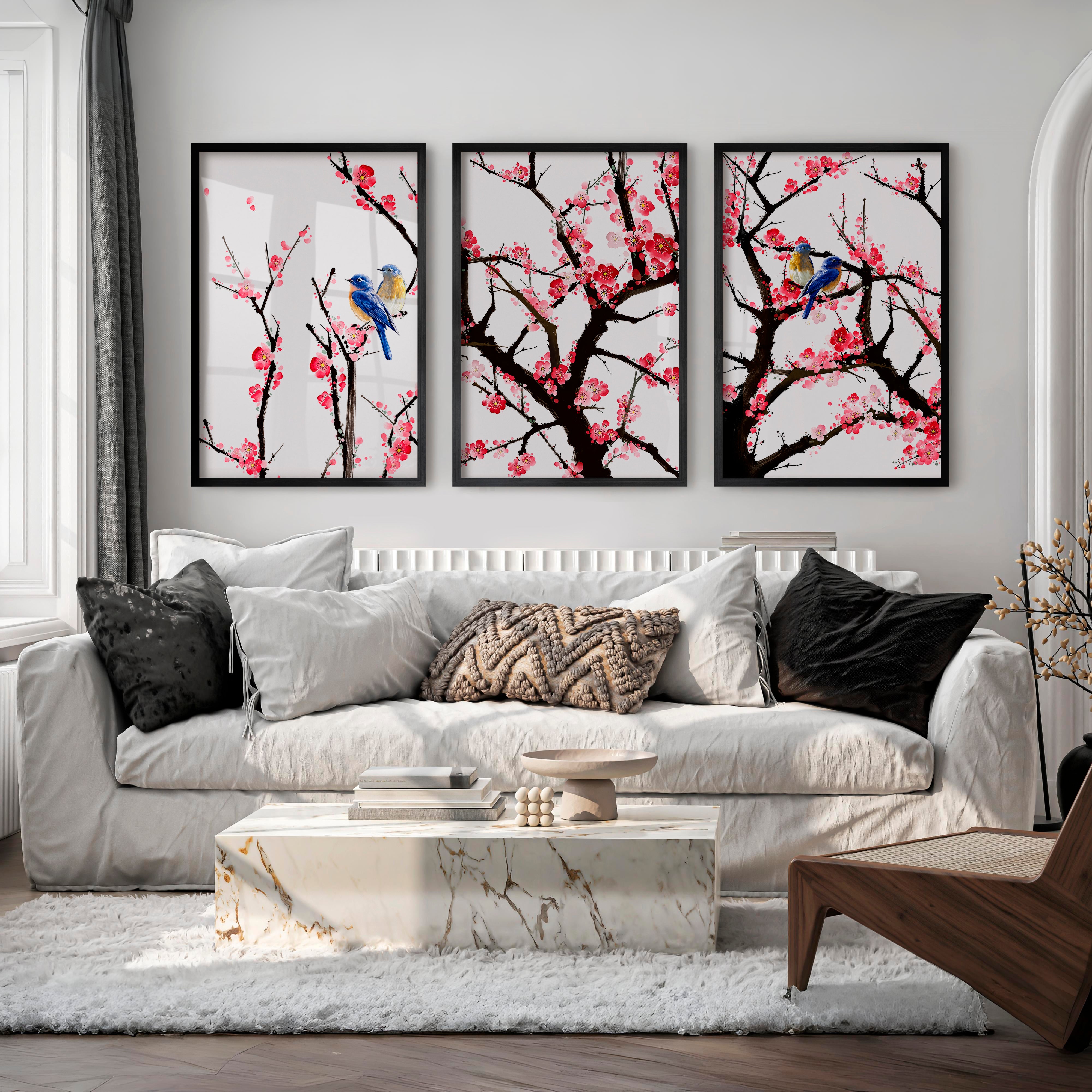 Japanese Wall Art Set of 3 Featuring Tree Cross-Section - Black Framed Poster No Border - Artworksets