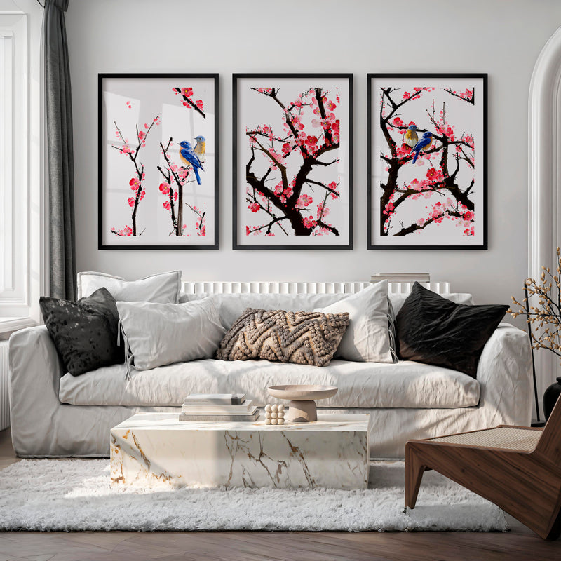 Japanese Wall Art Set of 3 Featuring Tree Cross-Section - Black Framed Poster with White Border - Artworksets