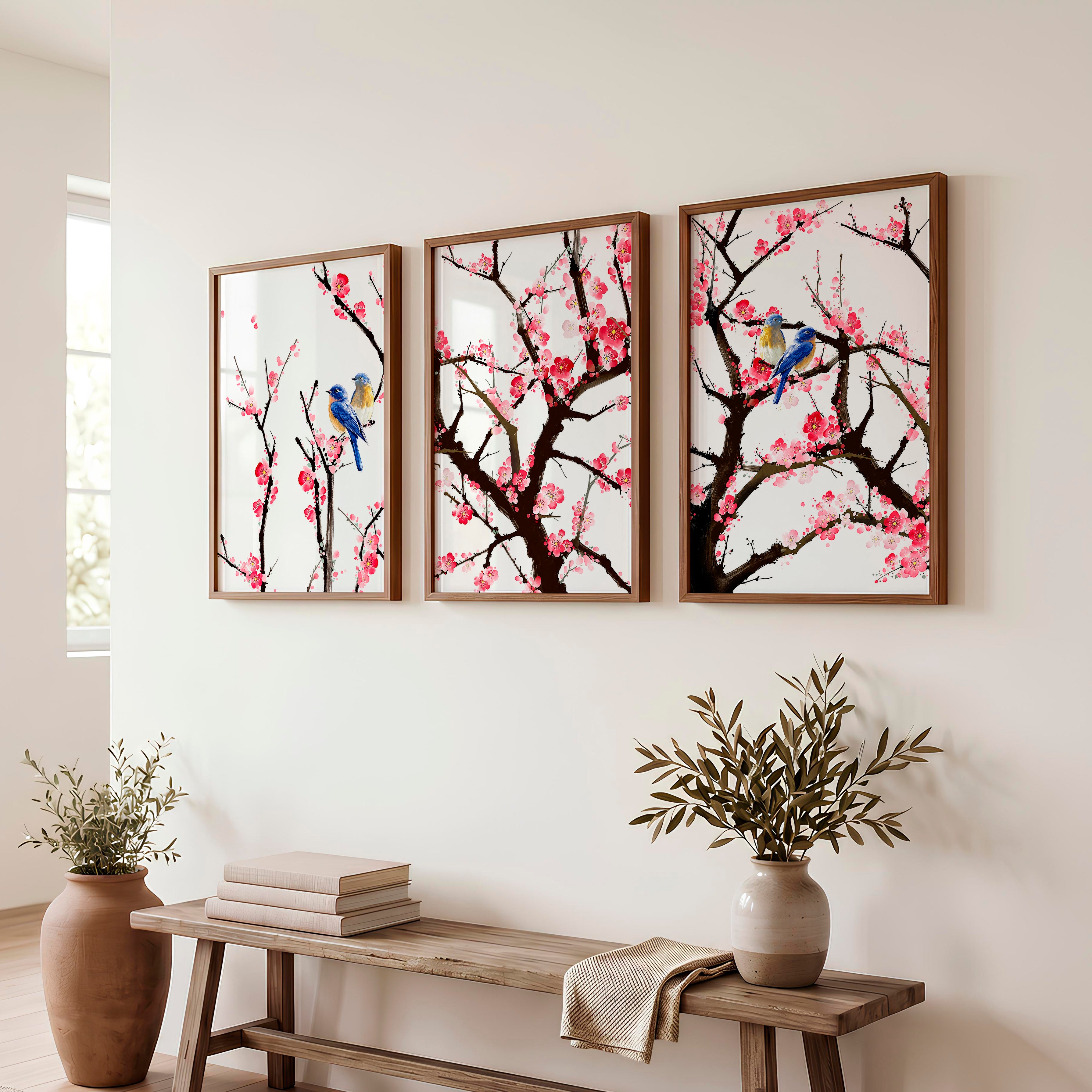 Japanese Wall Art Set of 3 Featuring Tree Cross-Section - Dark Brown Framed Poster No Border - Artworksets