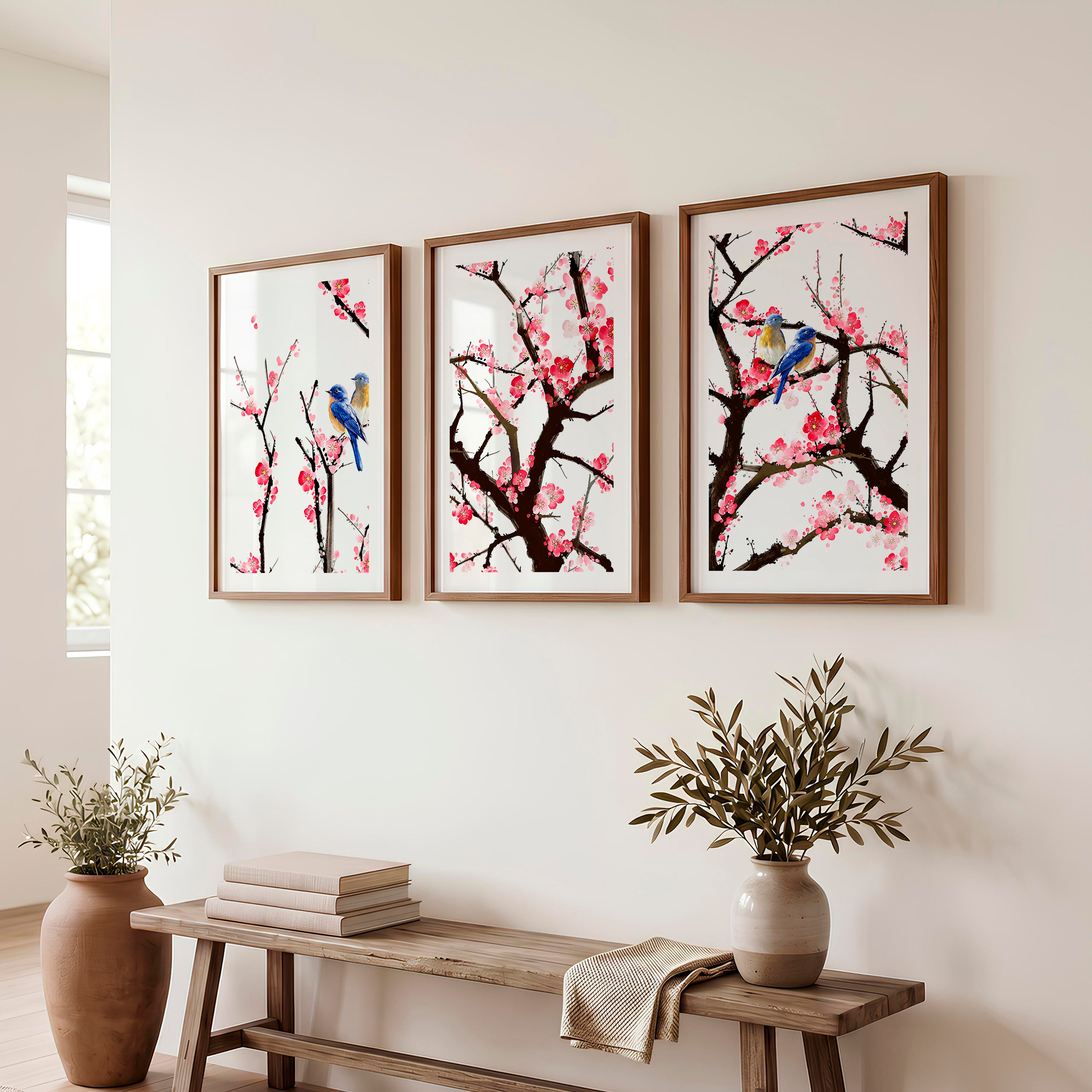 Japanese Wall Art Set of 3 Featuring Tree Cross-Section - Dark Brown Framed Poster with White Border - Artworksets