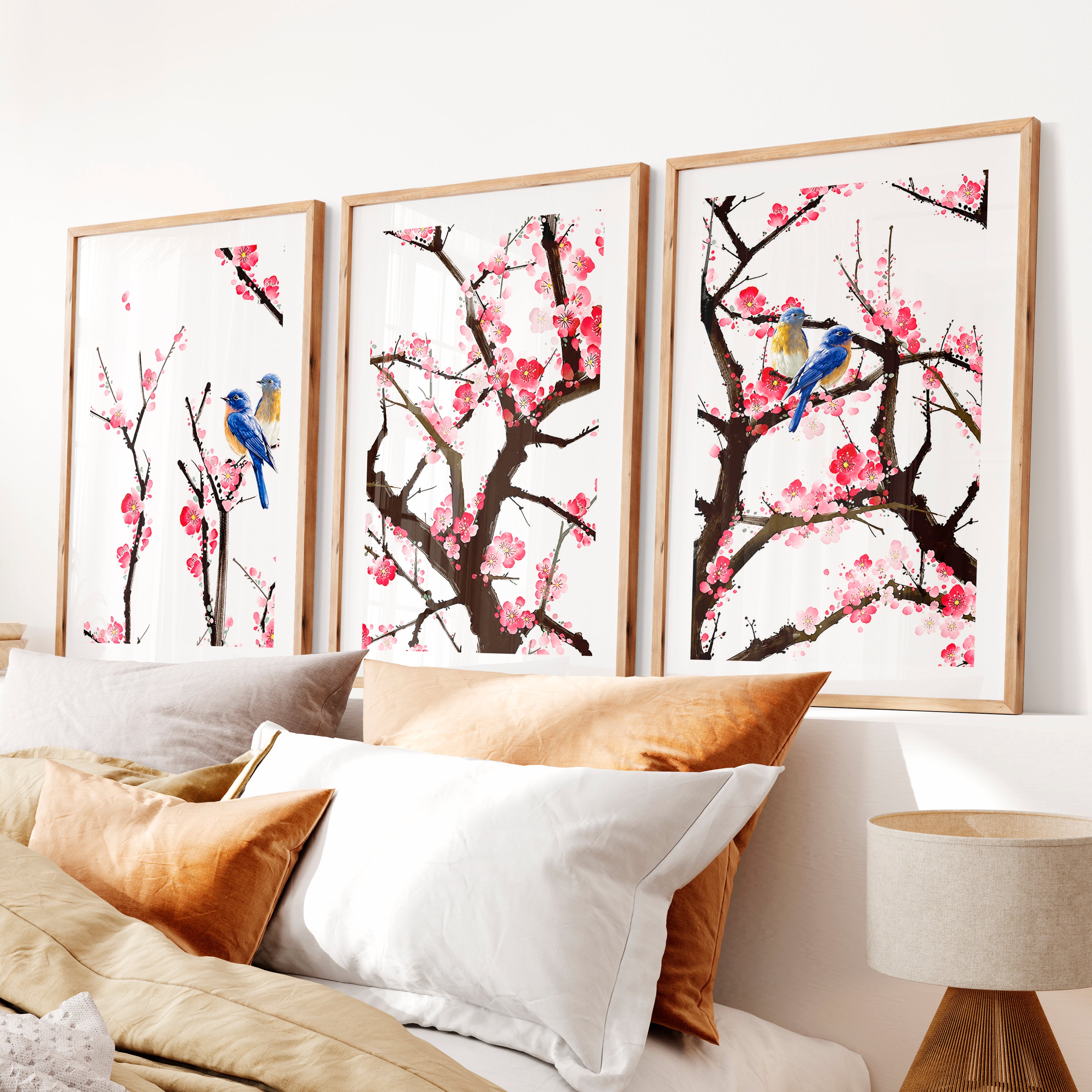 Japanese Wall Art Set of 3 Featuring Tree Cross-Section- Natural Wood Framed Poster with White Border - Artworksets