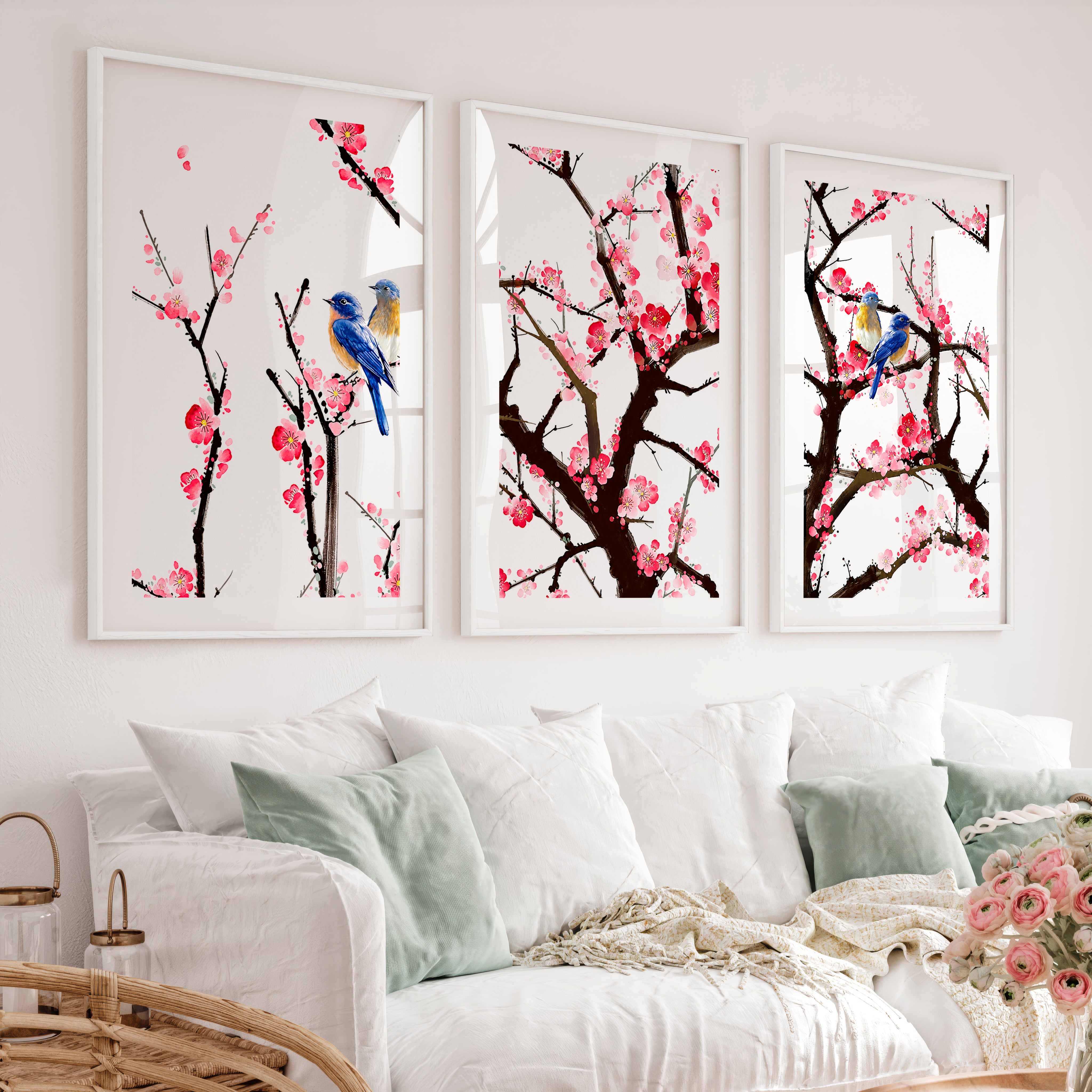 Japanese Wall Art Set of 3 Featuring Tree Cross-Section - White Framed Poster with White Border - Artworksets
