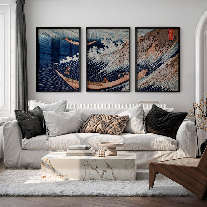 Japanese Wall Art Featuring Stylized Clouds on Deep Blue Triptych - Black Framed Poster No Border - Artworksets