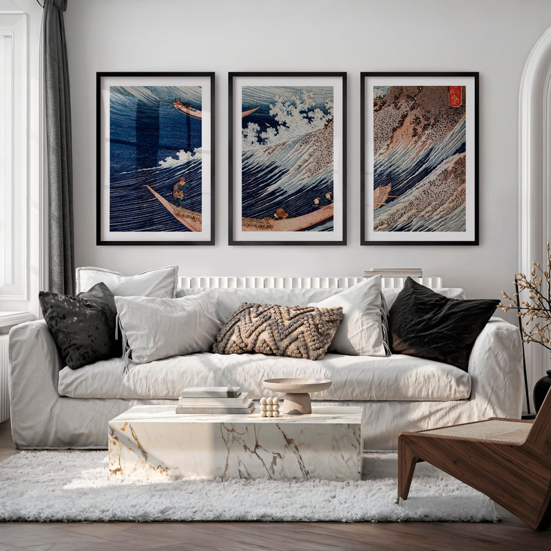 Japanese Wall Art Featuring Stylized Clouds on Deep Blue Triptych - Black Framed Poster with White Border - Artworksets