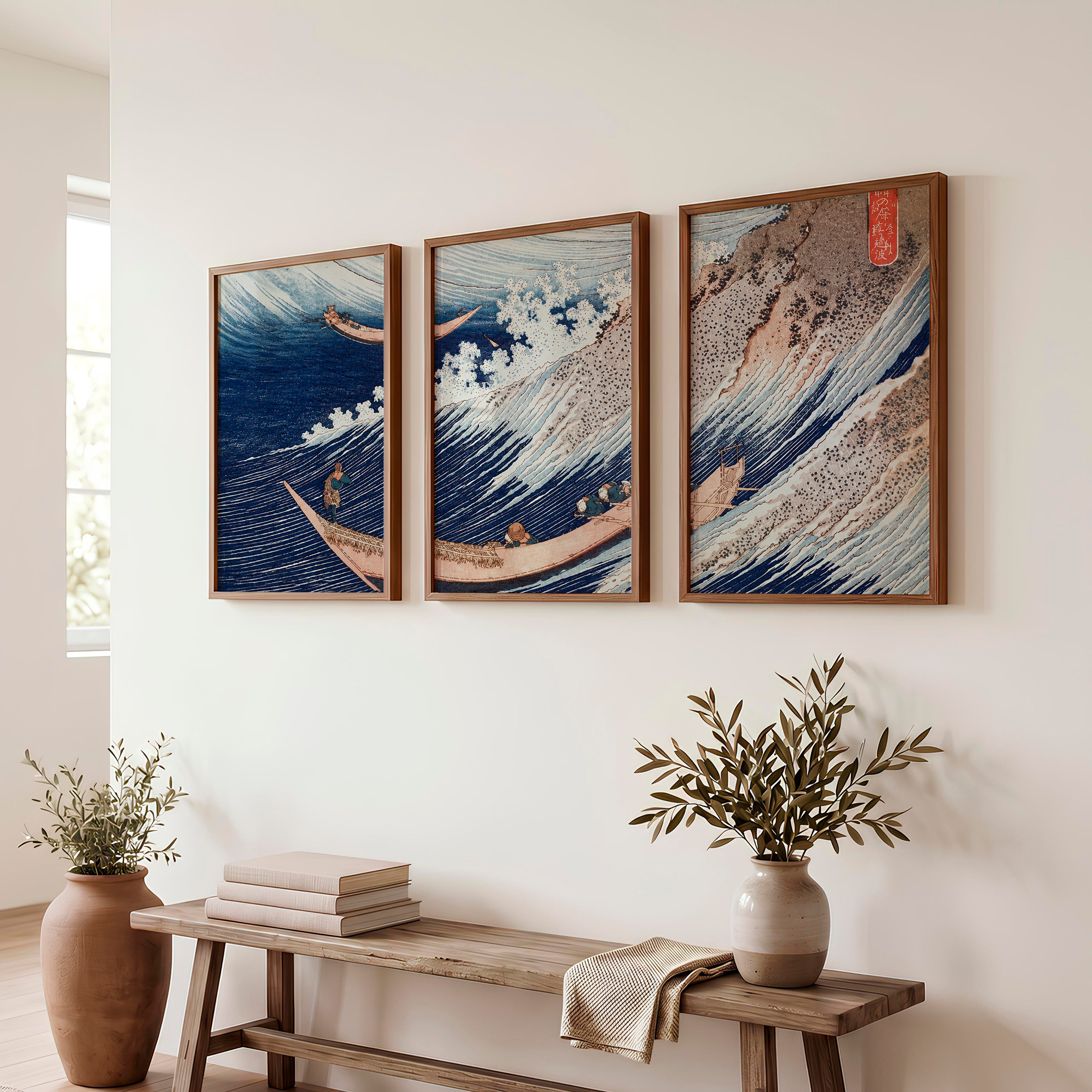 Japanese Wall Art Featuring Stylized Clouds on Deep Blue Triptych - Dark Brown Framed Poster No Border - Artworksets