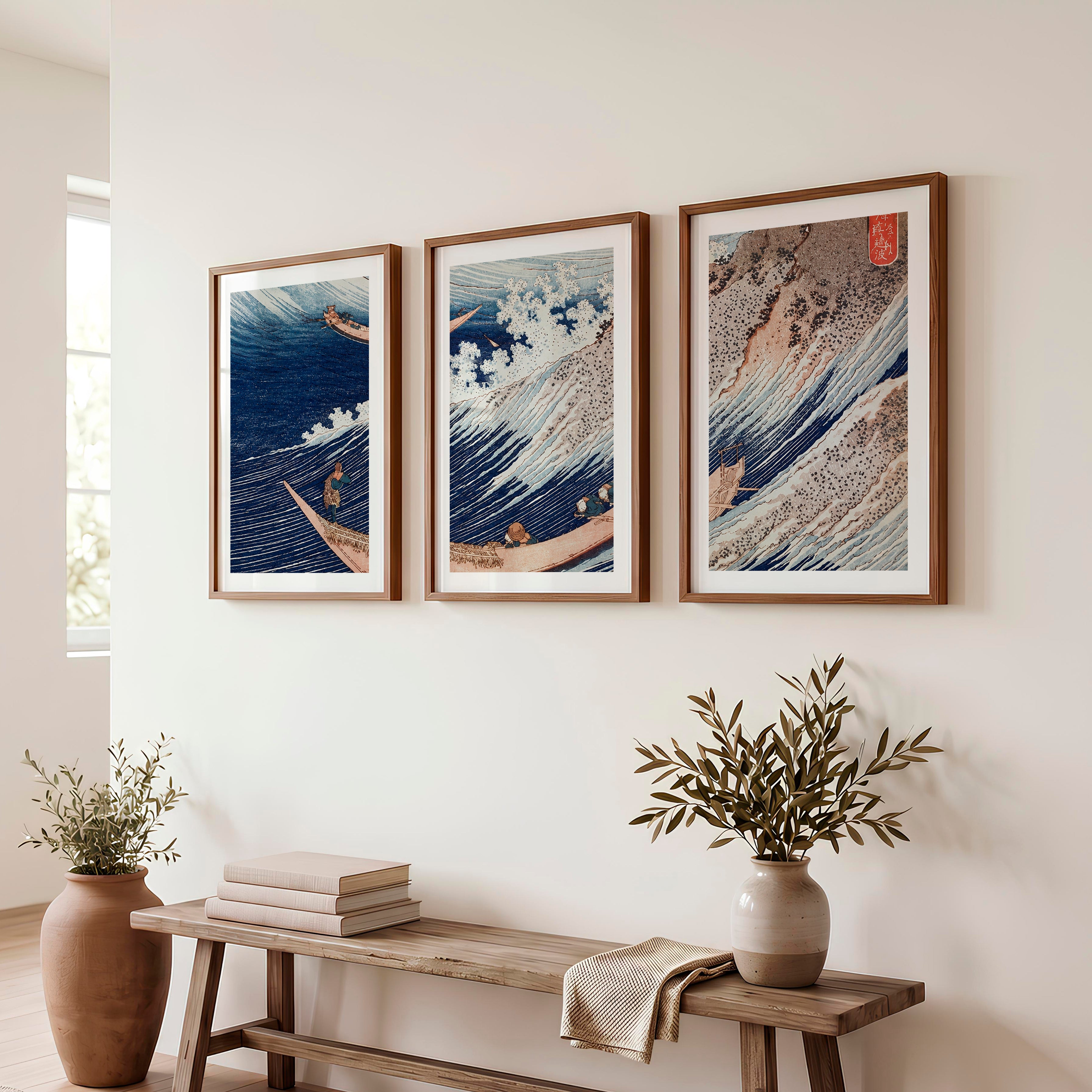 Japanese Wall Art Featuring Stylized Clouds on Deep Blue Triptych - Dark Brown Framed Poster with White Border - Artworksets