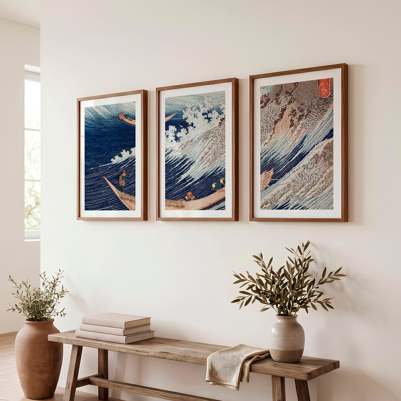 Japanese Wall Art Featuring Stylized Clouds on Deep Blue Triptych - Dark Brown Framed Poster with White Border - Artworksets
